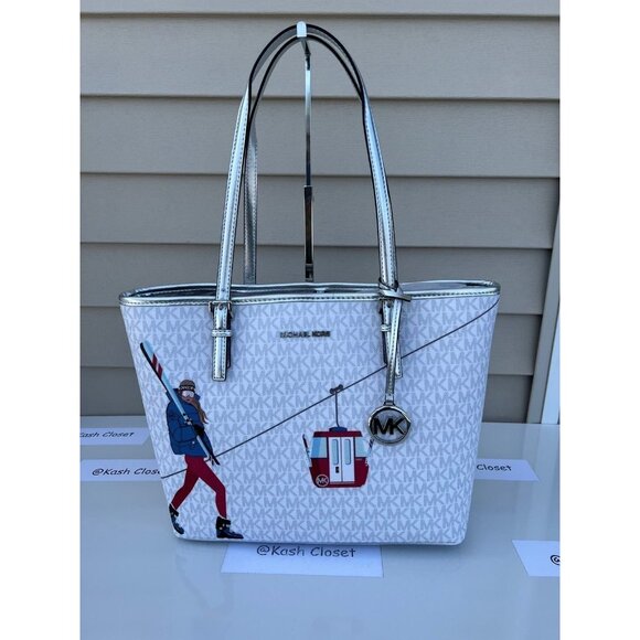 Michael Kors tote carryall jet set medium MK girl print purse bright white multi - Picture 9 of 9